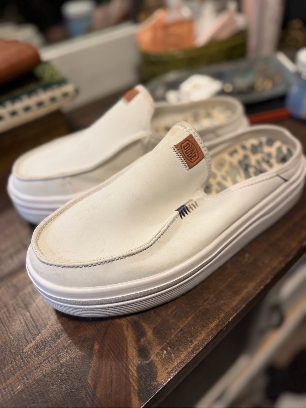 Hey Dude Slip-On Canvas Loafers in White with Tan Logo Tab